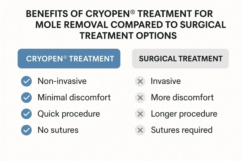 Table to show the benefits of getting moles removed Marlow from LA LIPO