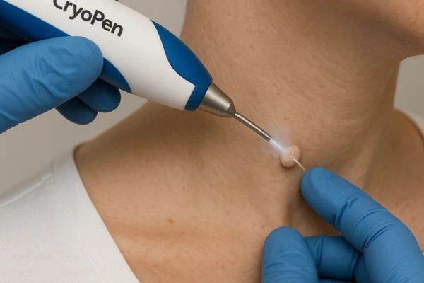 Person receiving cryotherapy Marlow for skin tag removal