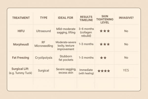 Table showing the comparisons of Skin tightening Marlow treatment options.